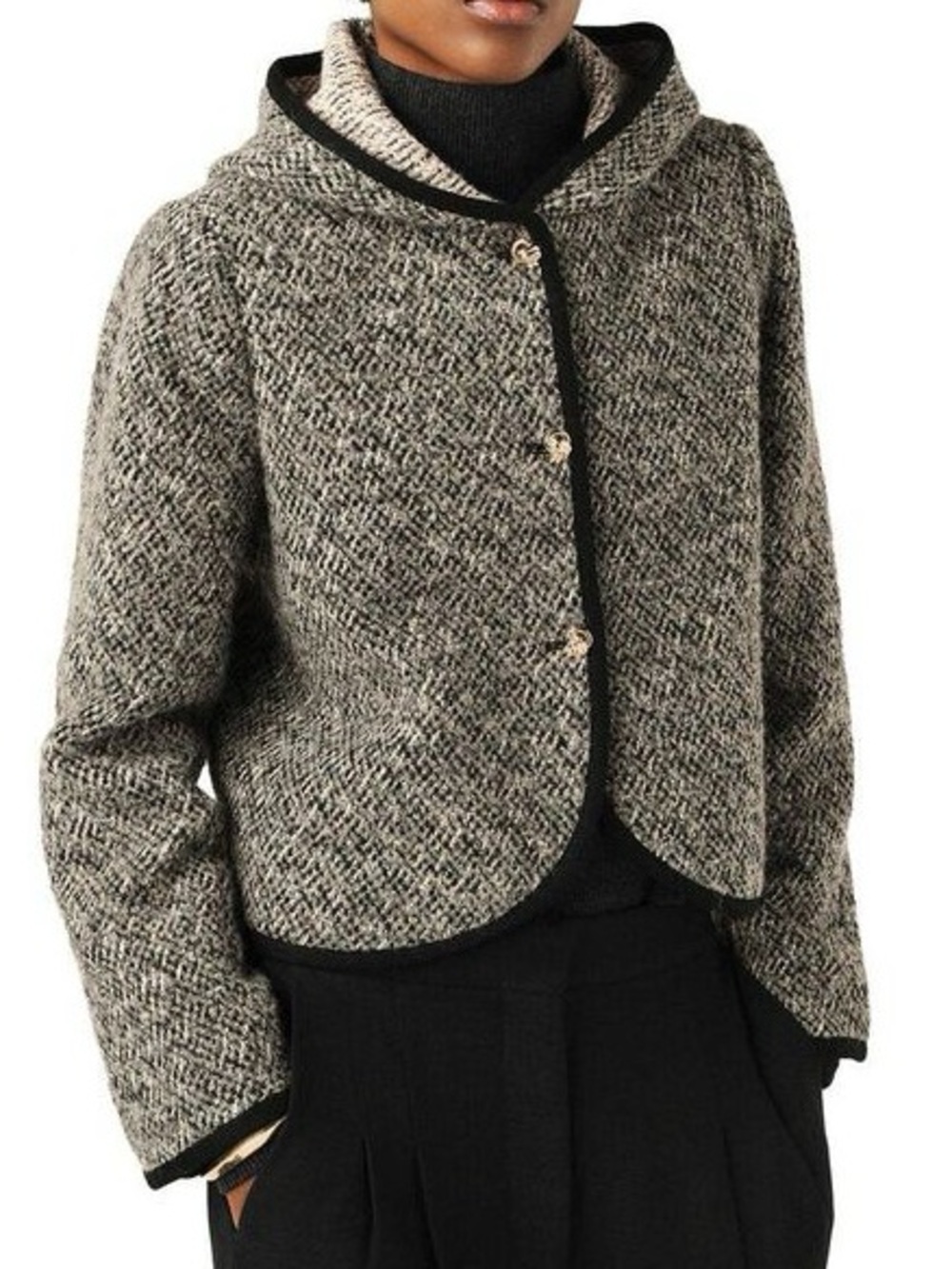 ba&sh Loctave Tweed Cotton Wool Button Trim Hood Jacket Coat Gris Black White - Picture 2 of 11